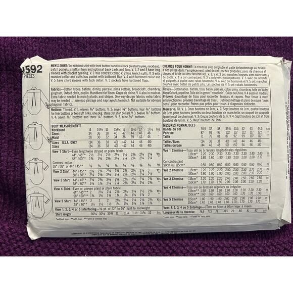 Butterick sewing pattern 9592 Mens button down shirt size 42 46 - Picture 3 of 7